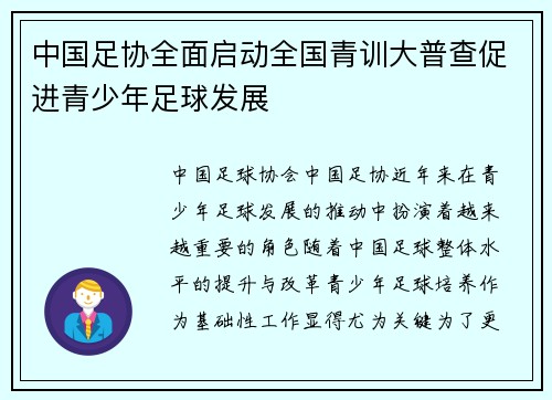 中国足协全面启动全国青训大普查促进青少年足球发展 中国足协全面启动全国青训大普查促进青少年足球发展